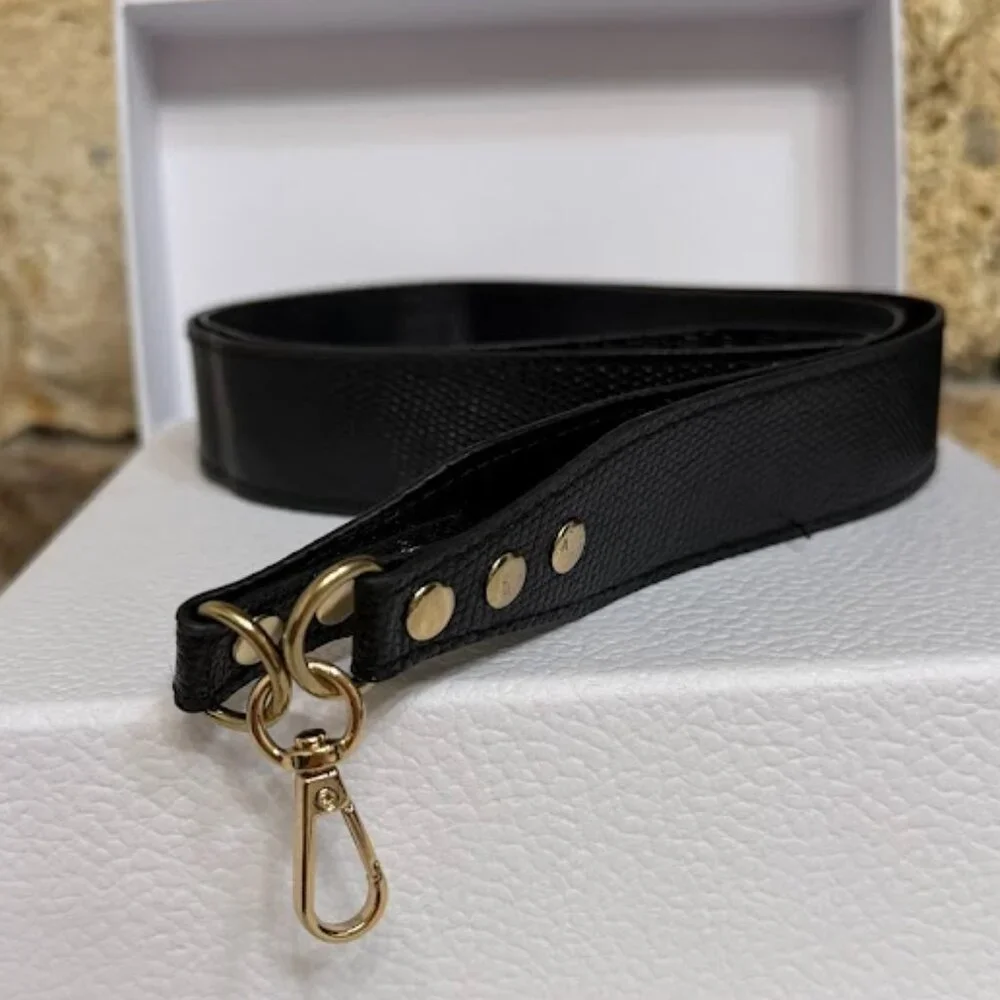 Black Textured Leather Crossbody Phone Lanyard With Gold Tone Hardware